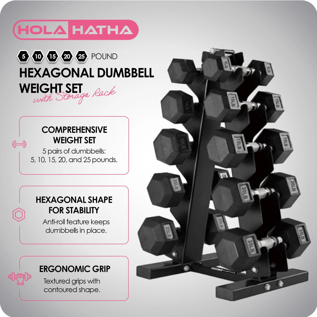 HolaHatha Hex Dumbbell with Rack, 5/10/15/20/25 lb (Black)