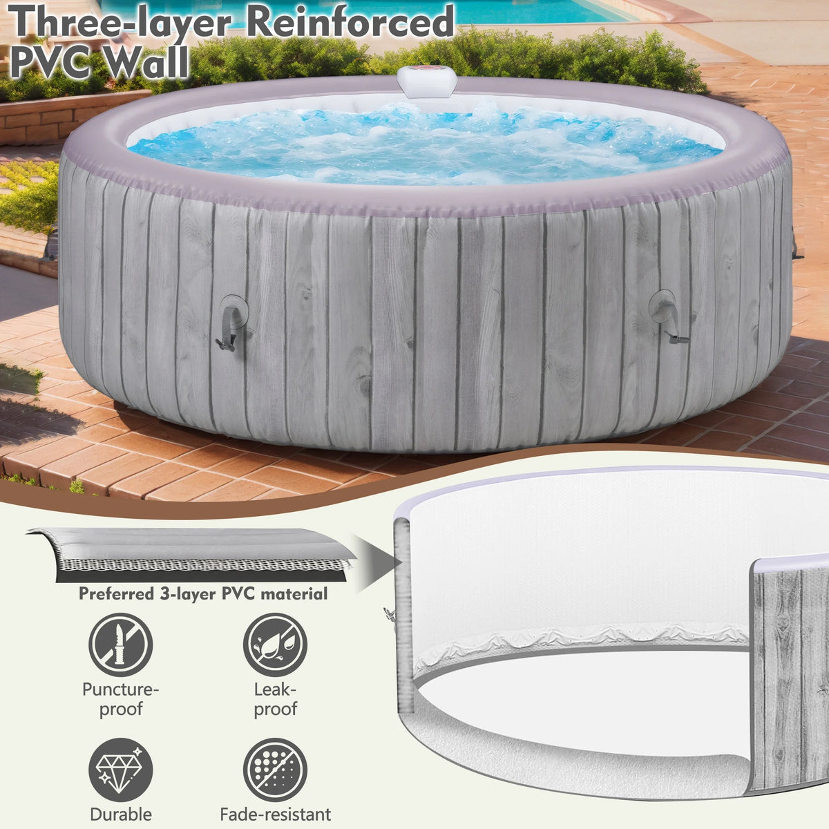 Round Hot Tub Surround Furniture, Spa Surround Outdoor Rattan Sectional Sofa Set with Mini Sofa, Solid Acacia Wood Hot Tub Storage Surround Patio Furniture Set, Gray Cushion