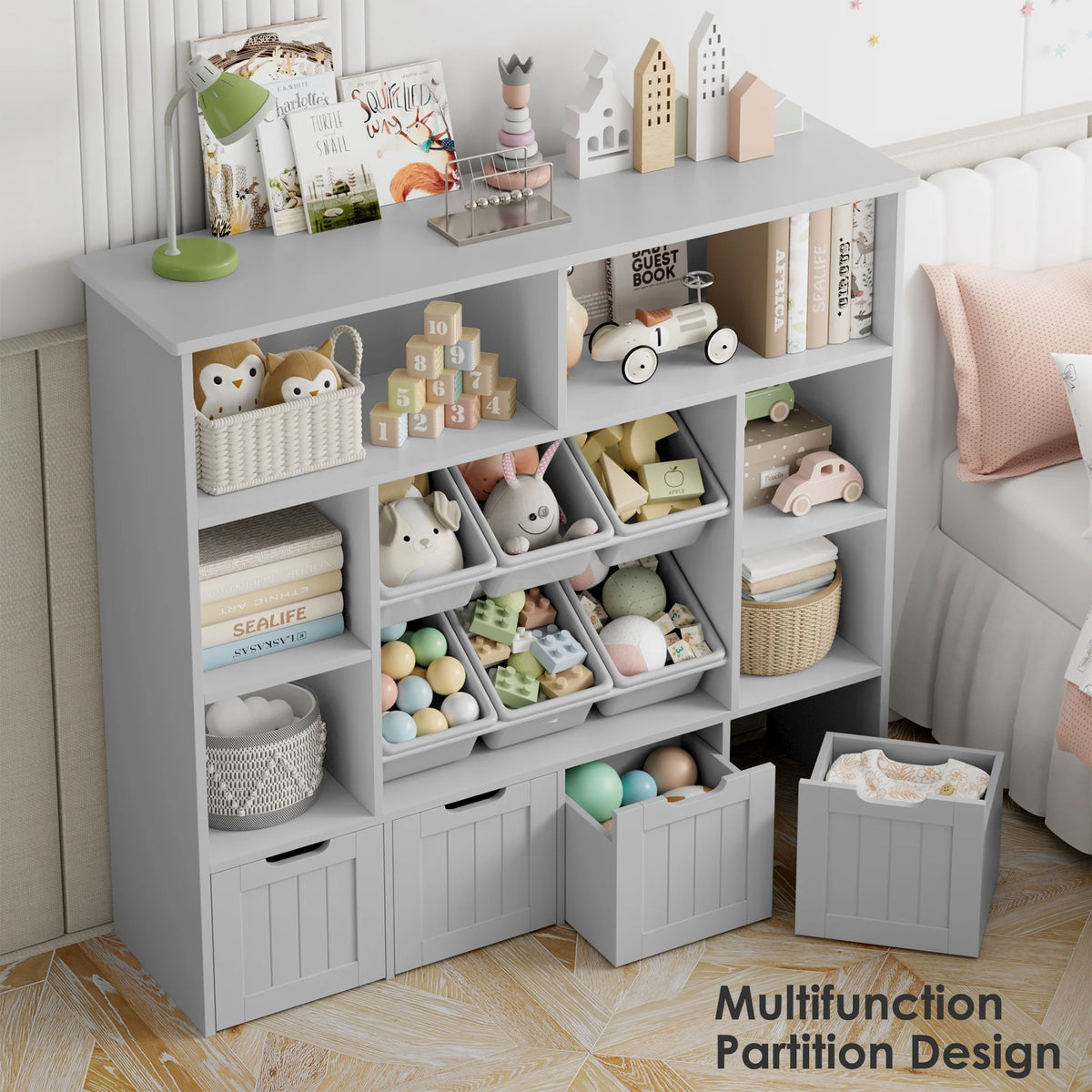 Hiphuta Large 4 Tier Kids Bookcase, Wood Toy Organizer of 6 Boxes & 4 Removable Drawers, Bookshelf for Kids Room, White