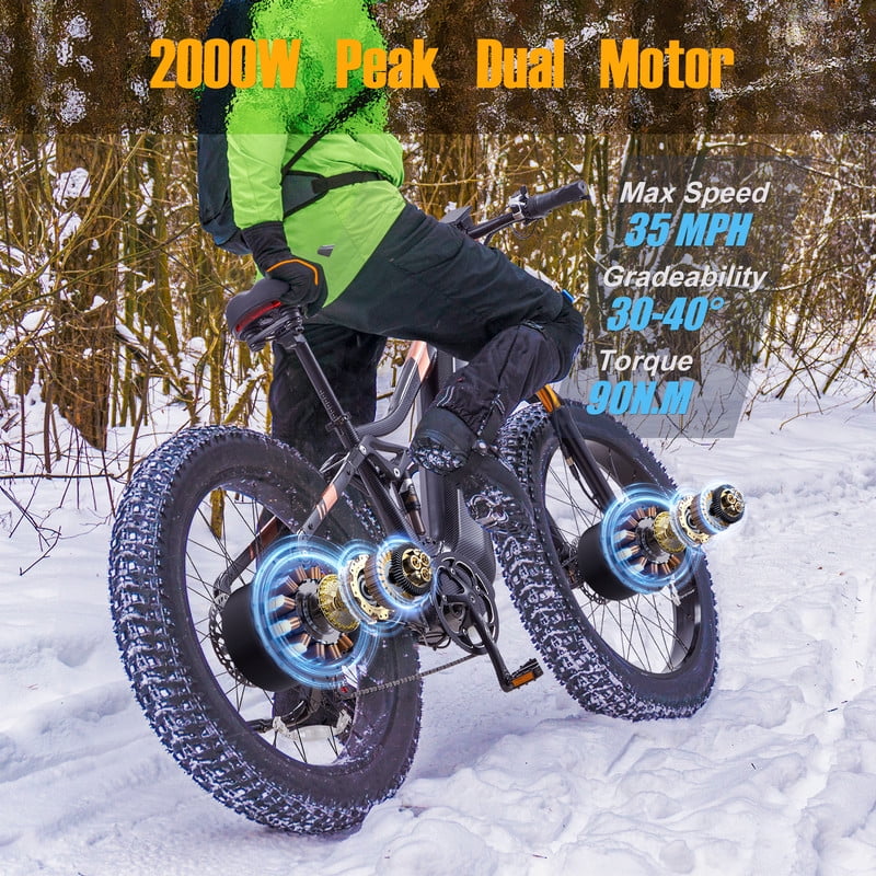 Dual Motors AWD 2000W Electric Bike for Adult 26'', UL2849 48V 30AH Removable Battery E-mountain bike 4.0 Fat Tire up to 35MPH&120Miles Long Range Off-road Ebike Beach Dual Hydraulic&Brakes E-Bicycle