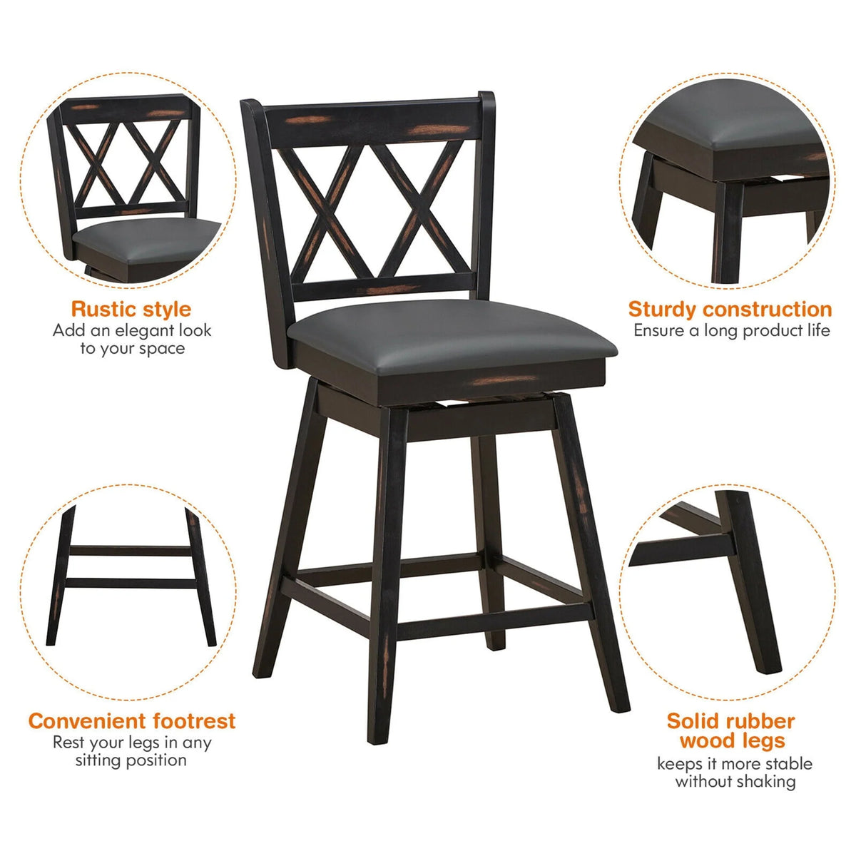 Gymax Set of 4 Barstools Swivel Counter Height Chairs w/Rubber Wood Legs Black