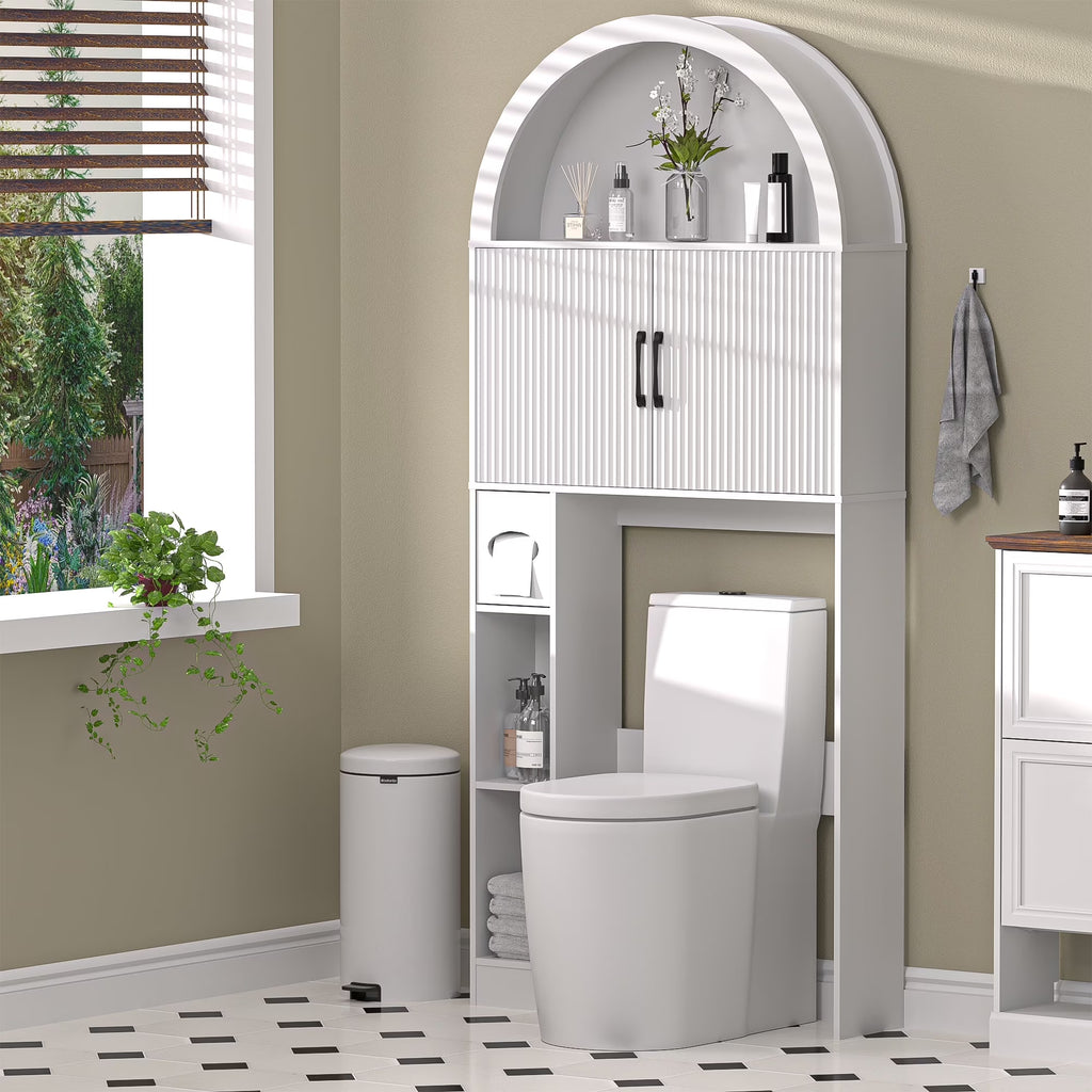 HARIPUL Over The Toilet Storage Cabinet w/ Unique Wood Grain & Arc Design, Freestanding Bathroom Shelf Organizer Space Saver w/ Doors & Anti-Tip Device, Wood Color