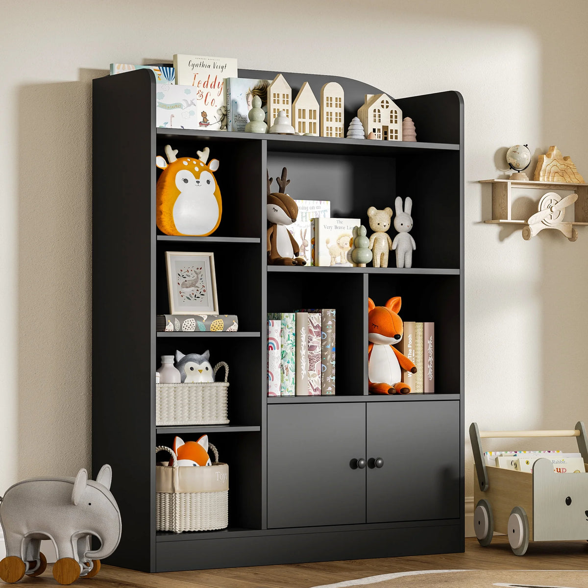 DIYART White Kids Bookshelf, Kids Bookcase with 7 Cubbies and 2 Cabinets, Freestanding Book Storage Shelves for Bedroom, Playroom, Hallway
