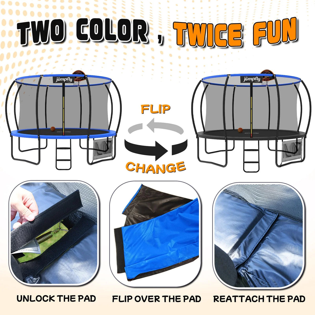Jumpfly Trampoline 10FT Trampoline with Basketball Hoop-Curved Poles Reinforced Recreational Trampolines with Enclosure And Ladder-Outdoor Trampoline for Kids