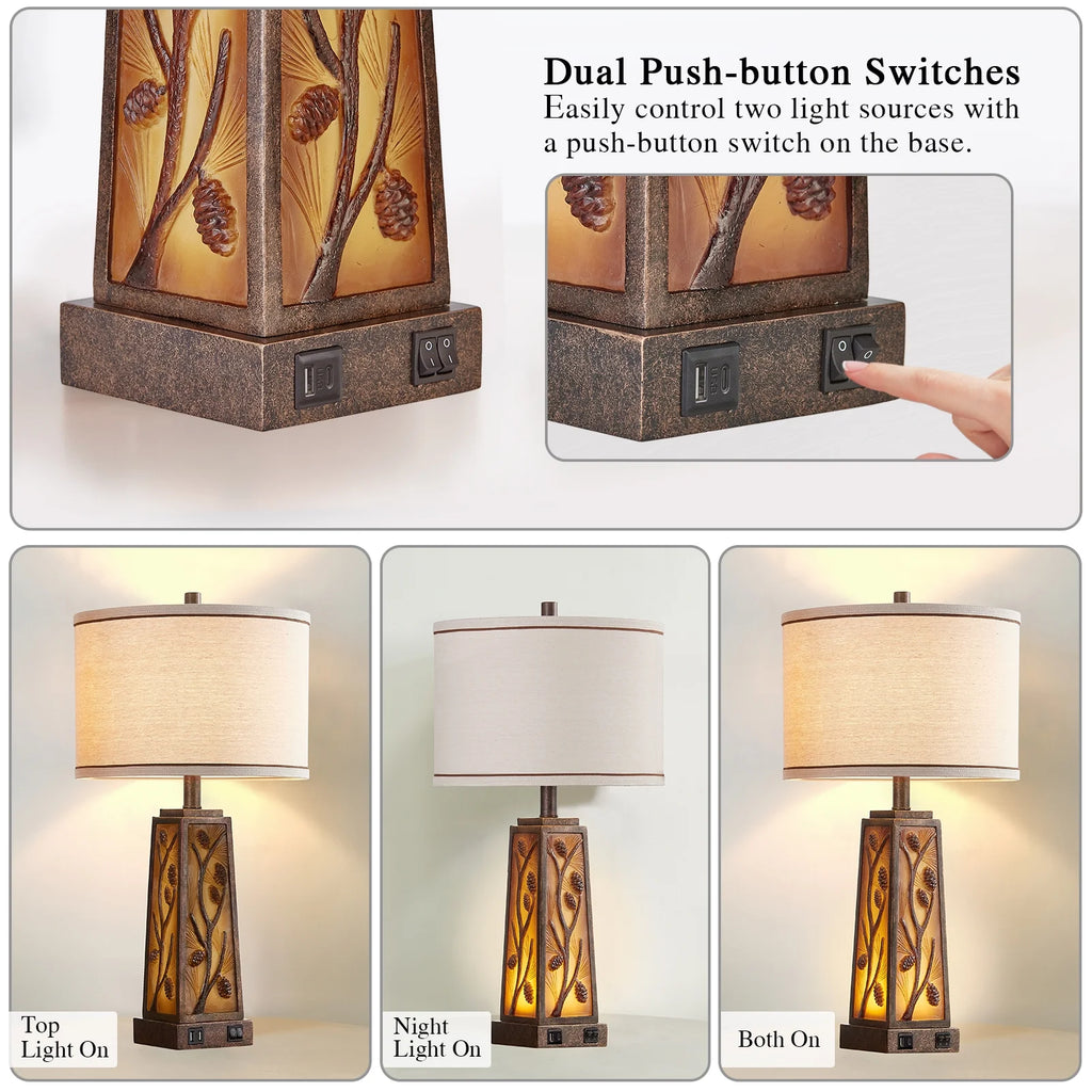 RORIA 24a?? Modern Living Room Table Lamp 2-Piece Set with 2 USB Charging Ports, Built-in White Frosted Glass with Night Light, Black Vintage Rustic Farmhouse Lamp for Bedroom Nightstand Lamps