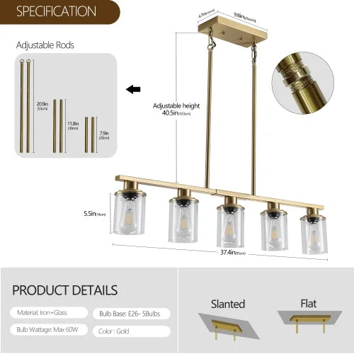 ACE-LIGHTS,Modern Industrial 5-Light Chandelier with Clear Glass Shades(Bulbs Not Included),Hanging Ceiling Light Fixture for Living Room,Dining Room,Kitchen Island(Black)