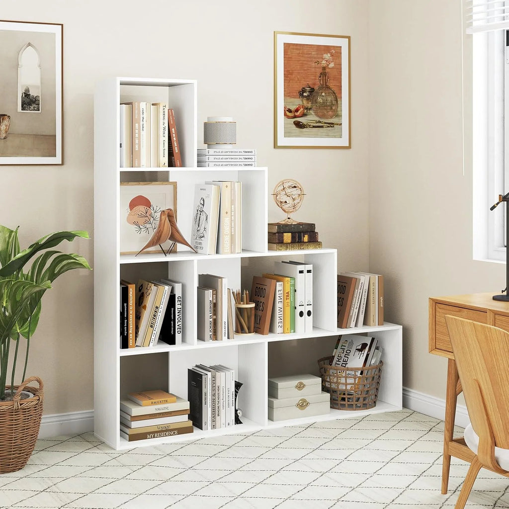 JTYUB 4-Tier Stepped Bookshelf, Freestanding 6 Cubes Ladder Bookcase with Anti-Tipping Kits, 64" Tall Modern Wooden Storage Display Rack for Home Office Living Room Study ,1 PCS,Natural