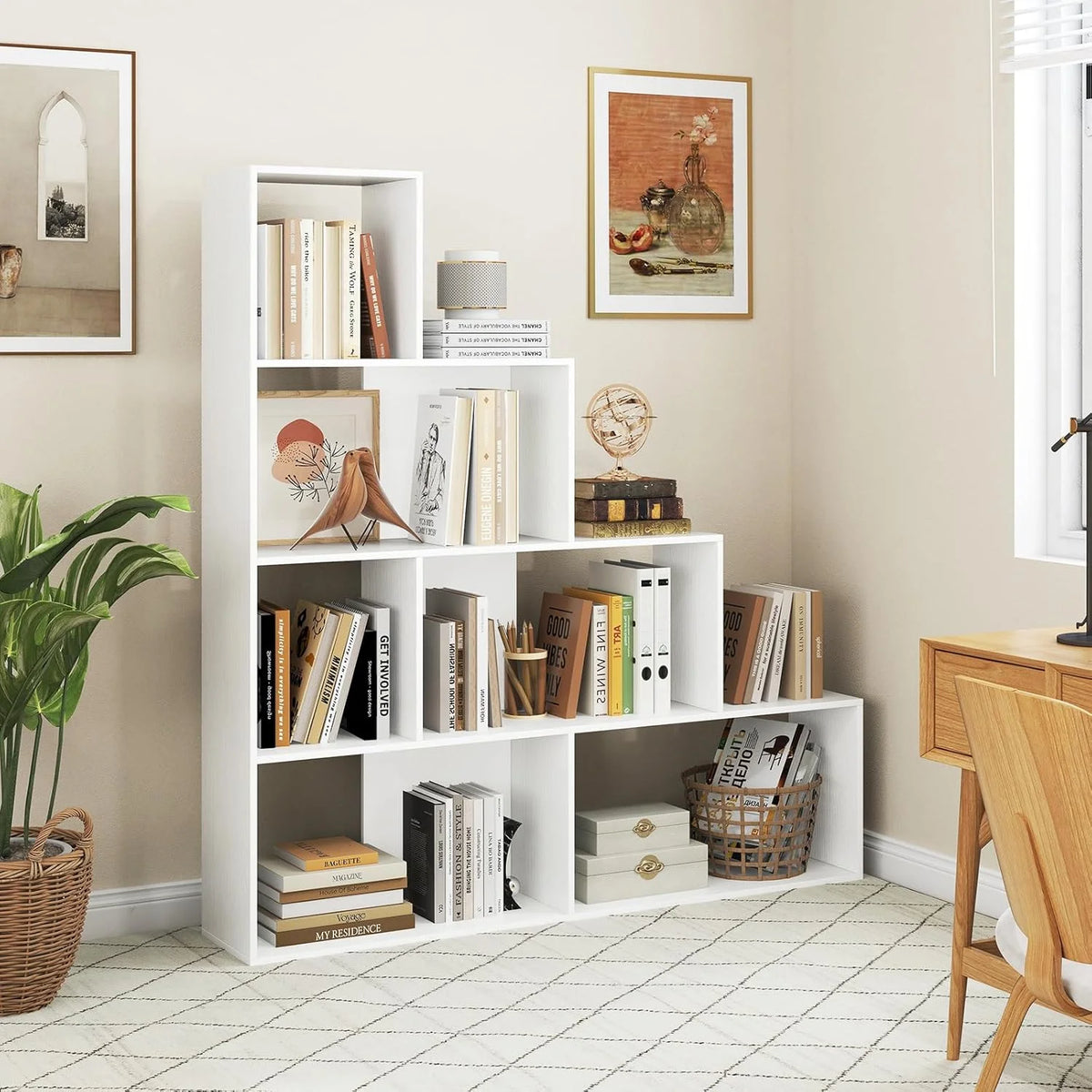 JTYUB 4-Tier Stepped Bookshelf, Freestanding 6 Cubes Ladder Bookcase with Anti-Tipping Kits, 64" Tall Modern Wooden Storage Display Rack for Home Office Living Room Study ,1 PCS,Natural