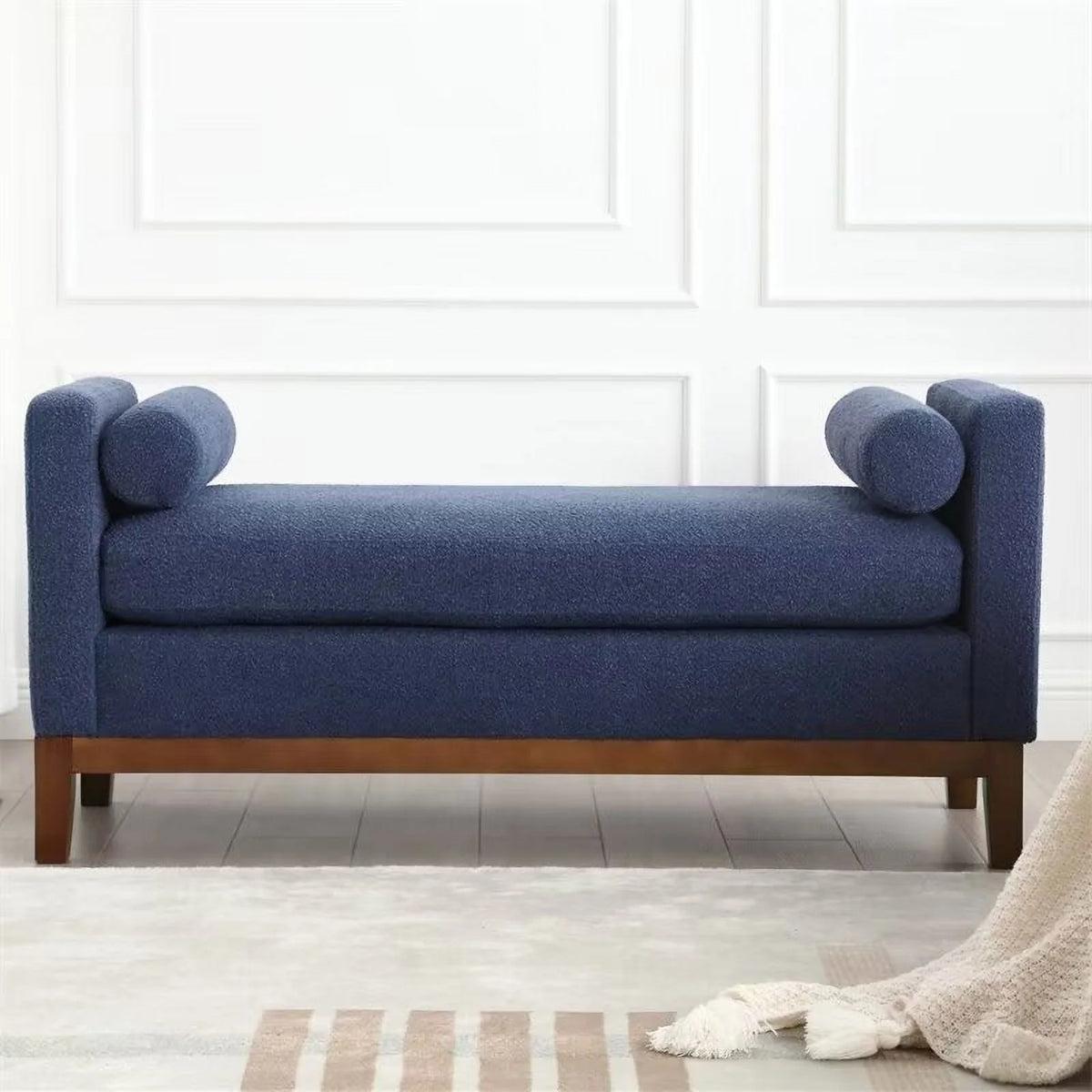 End of Bed Bench, 53.5" Boucle Fabric Upholstered Entryway Bench with Wood Legs & Bolster Pillows, Rolled Arm Cushioned Ottoman Foot Rest Long Stool Window Extra Seating for Bedroom, Ivory