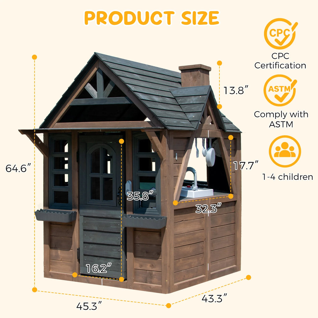 COCLUB Outdoor Playhouse for Kids Ages 4-8, Wooden Play House with Doorbell, Phone, Kitchen Toys, Outdoor Kids Play Equipment, Casa Para Niñas (45”L x 65”H), White & Black
