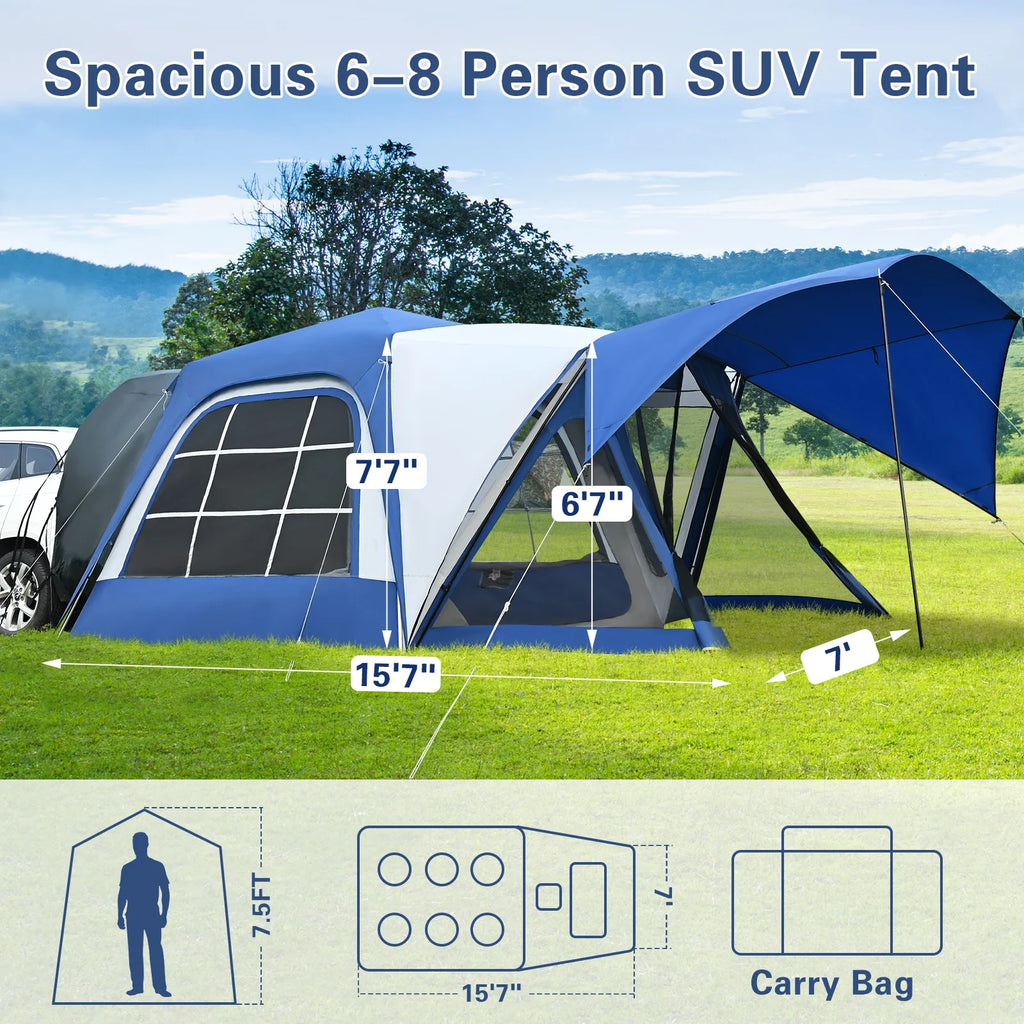 MOPHOTO SUV Tents for Camping 4 People, PU 3000mm Waterproof SUV Tent Attachment Tailgate Tent for Car Jeep Van, Spacious Space 8.2'L x 8.2'W x 7.2'H with 2 Awnings & Double Door
