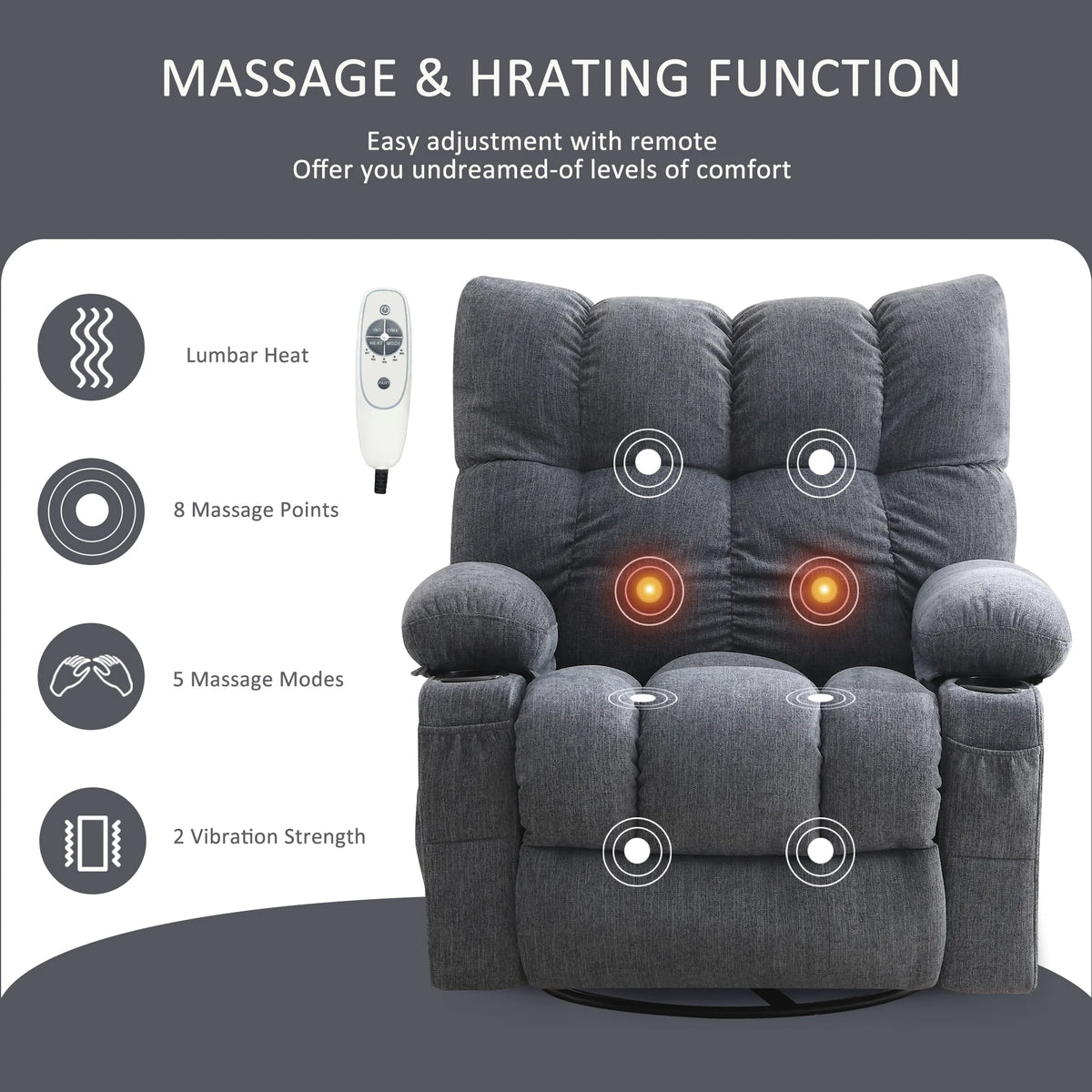 JONPONY Manual Recliner Chair with Heat Therapy and Massage Function, Heavy Duty Reclining Mechanism Massage Chair, Elderly Single Rocker Sofa with Cup Holders for Bedroom Home Theater,Grey