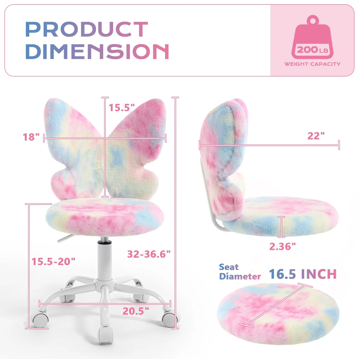 Adorable Butterfly Kids Desk Chair - Comfy Swivel Computer Chair for Girls Room, Fluffy Kids Office Chair for Reading & Vanity,Blue