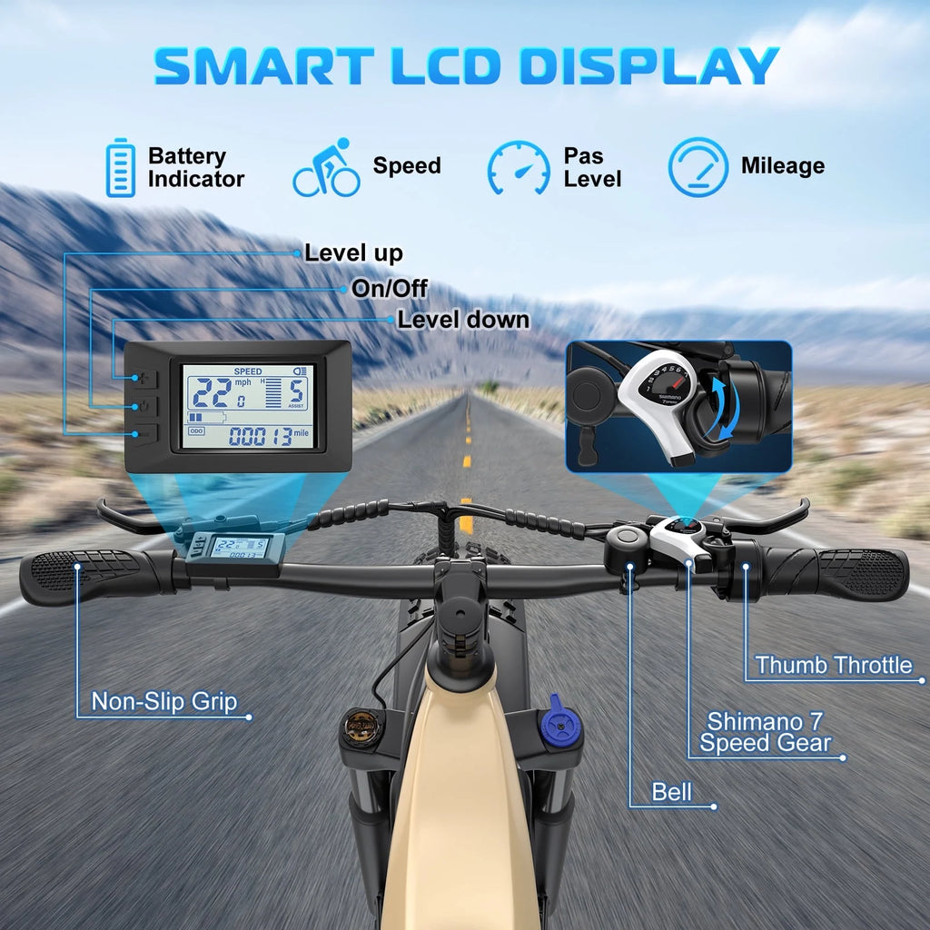 Gocio Electric Bike for Adults, 26" Fat Tire E-Mountain Bike, 1350W Peak Motor 48V 15Ah Battery, 22MPH 7-Speed Ebike for off Road, UL 2849