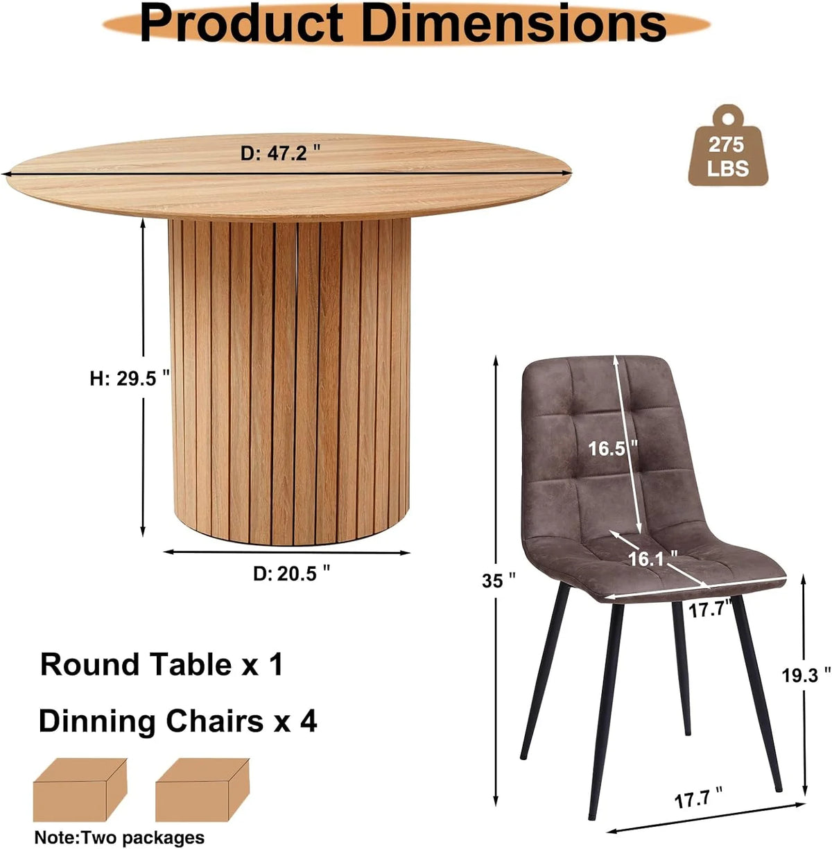 5 Piece Round Dining Table Set - Mid-Century 47 inch Oak Dining Table with 4 Brown Faux Leather Chairs Set, Dinner Table & Chair with Metal Legs for Kitchen Dining Room, Apartment, Bedroom