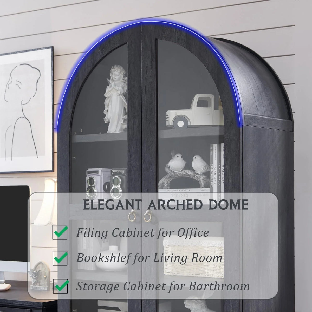 IFGET 71-Inch Arched 4-Tier Bookcase with Glass Doors and Drawers