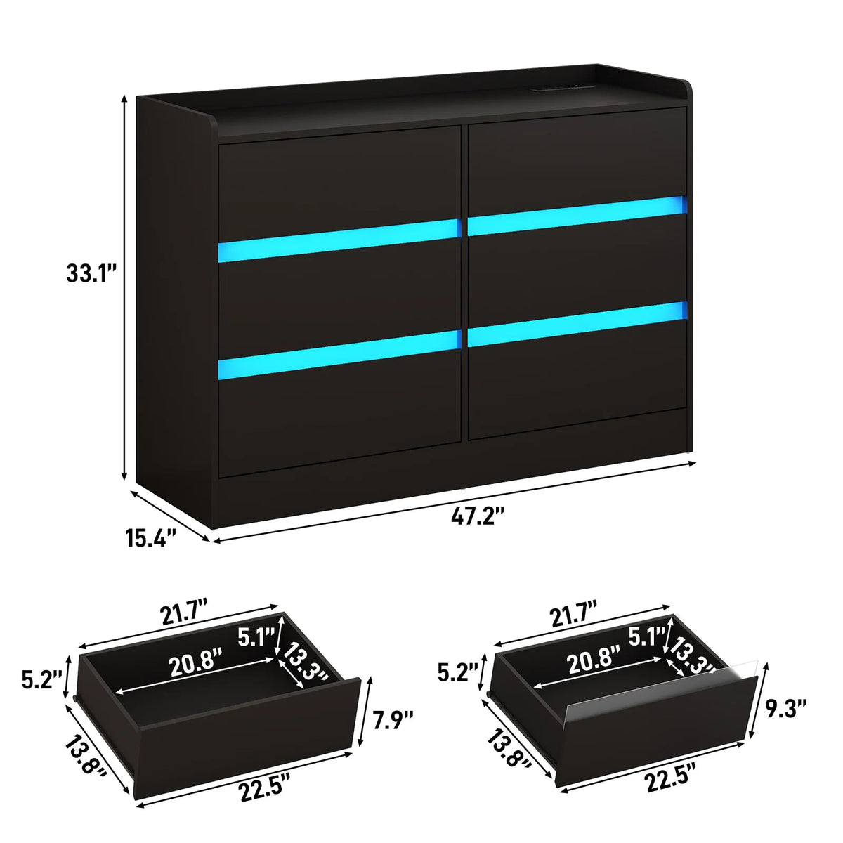 9 Drawer Dresser for Bedroom with Power Outlet, 63" Large Dresser with LED Light, Wooden Dresser For Closet, Chest of Drawers with Raised Edges