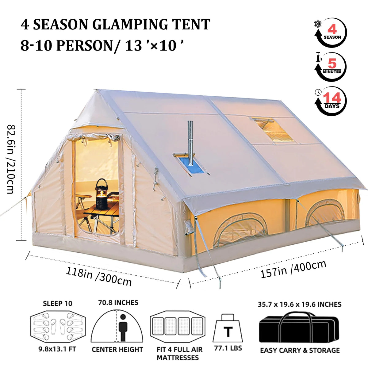 9.8' x 7' Inflatable Camping Tent,4 Season Blow up Tents for Camping, 4-6 Person Inflatable Tent with Stove Jack,Air Tents,Glamping Tent,Waterproof Luxury House with Mesh Window