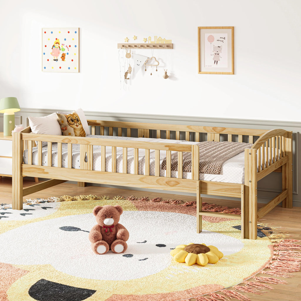 SESSLIFE Twin Size Platform Bed, Solid Wood Twin Bed Frame with Slats, Fence Guardrail Ladder, Twin Floor Bed with Strong Legs for Boys Girls, No Box Spring Needed, Holds 400 lbs, White