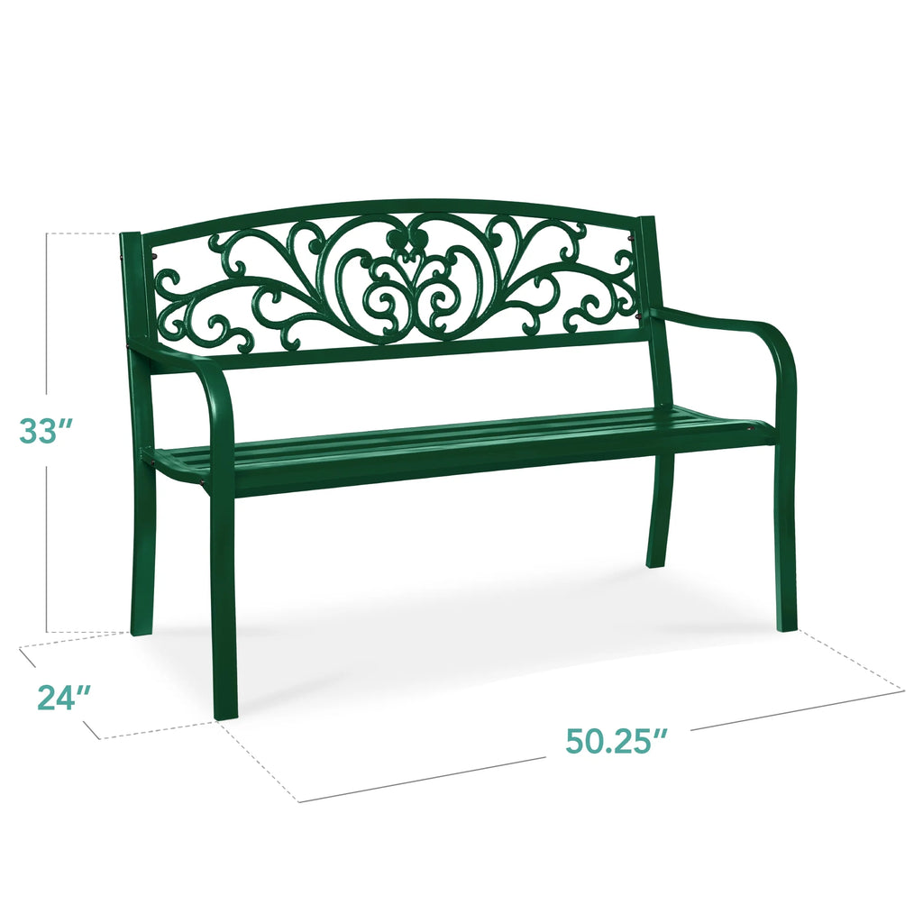 Best Choice Products Outdoor Steel Bench Garden Patio Porch Furniture w/ Floral Design Backrest - Black