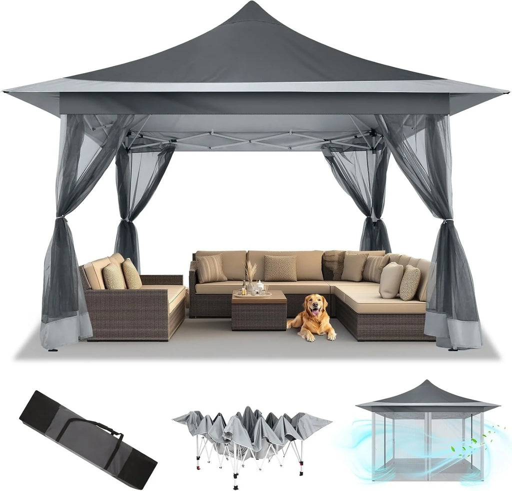 COBIZI 12x12 Outdoor Gazebo Pop Up Gazebo Canopy with Mosquito Netting Patio Tent Backyard Canopy with 2-Tiered Vented Top 3 Adjustable Height, Beige