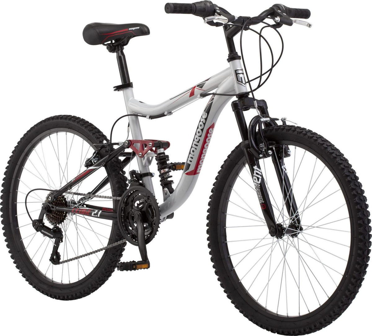Mongoose Ledge 2.1 Mountain Bike. 24-inch wheels. 21 speeds. boys frame. Silver/Red
