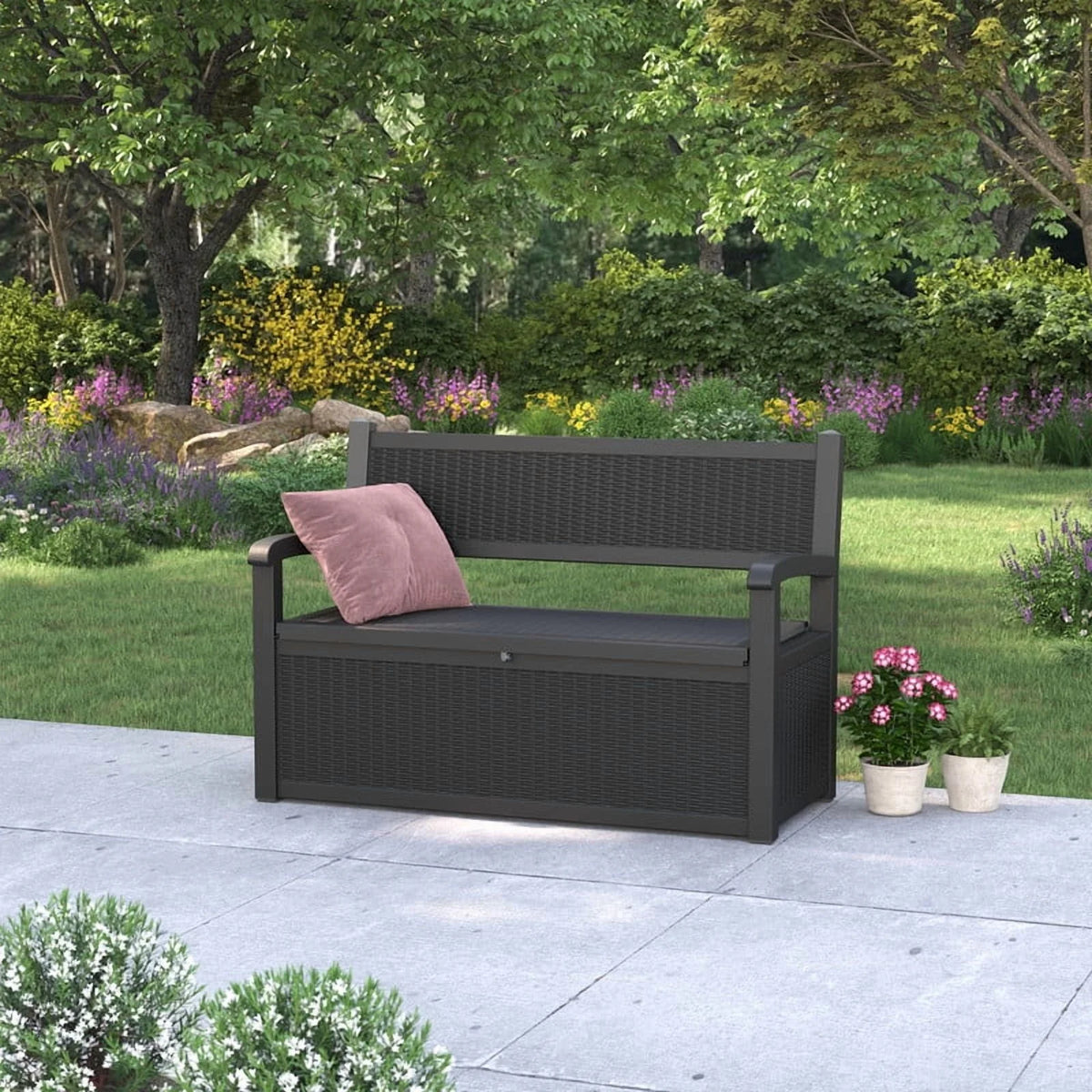 Bifanuo 70 Gallon Storage Bench Deck Box for Patio Furniture with Armrest Bench Outdoor Storage Water-Resistant Deck Box for Garden Tools,Pool Storage and Outdoor Cushions,Grey