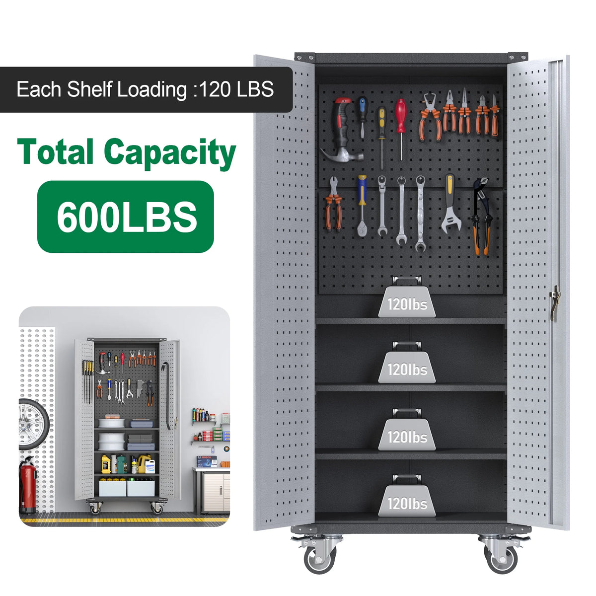 SUPEER 71" Metal Storage Cabinets with Wheels and Pegboards, Industrial Cabinet with 2 Drawers and 2 Adjustable Shelves,, Assembly Required
