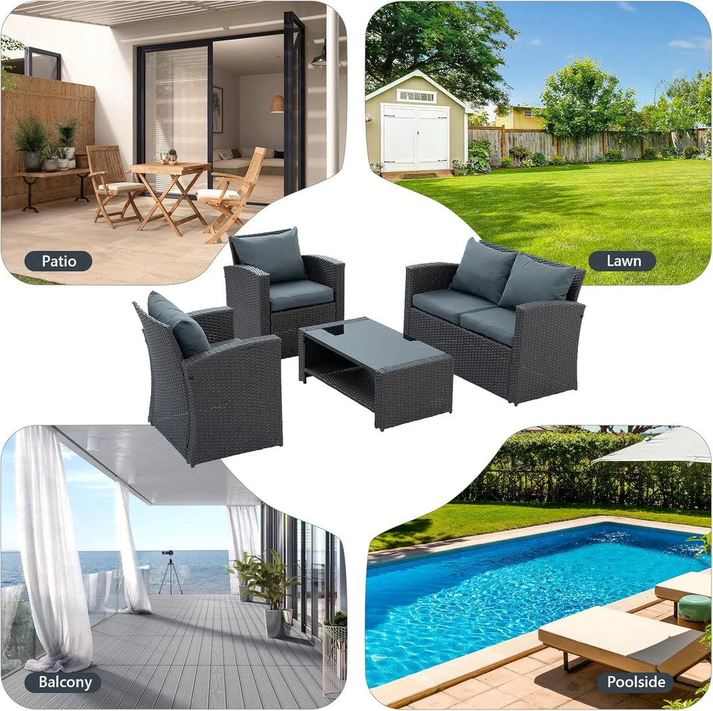 7 Piece Patio Furniture Sets Outdoor Sectional PE Rattan Outdoor Furniture Patio Conversation Set with Cushions and Glass Coffee Table, for Balcony Lawn and Garden, Gray