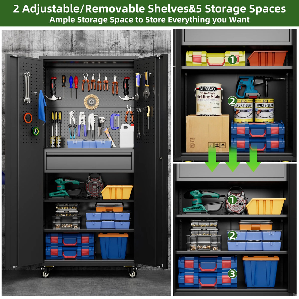 SUPEER 71" Metal Storage Cabinets with Wheels and Pegboards, Industrial Cabinet with 2 Drawers and 2 Adjustable Shelves,, Assembly Required
