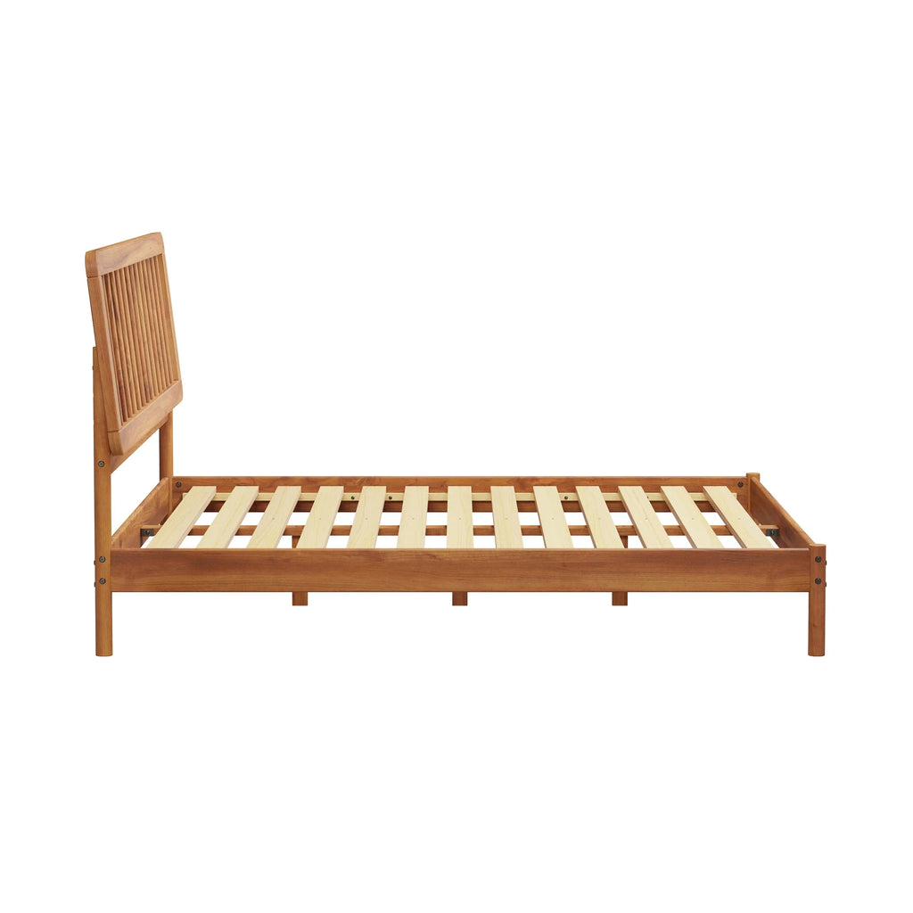 Walker Edison Mid-Century Modern Slatted Solid Wood Queen Bedframe, Natural Pine