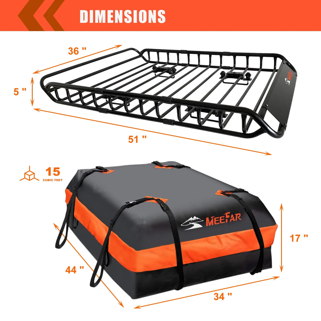 MeeFar Universal Rooftop Roof Rack Steel Cargo Carrier Basket Size 51" X 36" X 5" + Soft Shell Waterproof Cargo Bag 15 Cu.ft (44" 34" 17") Combo