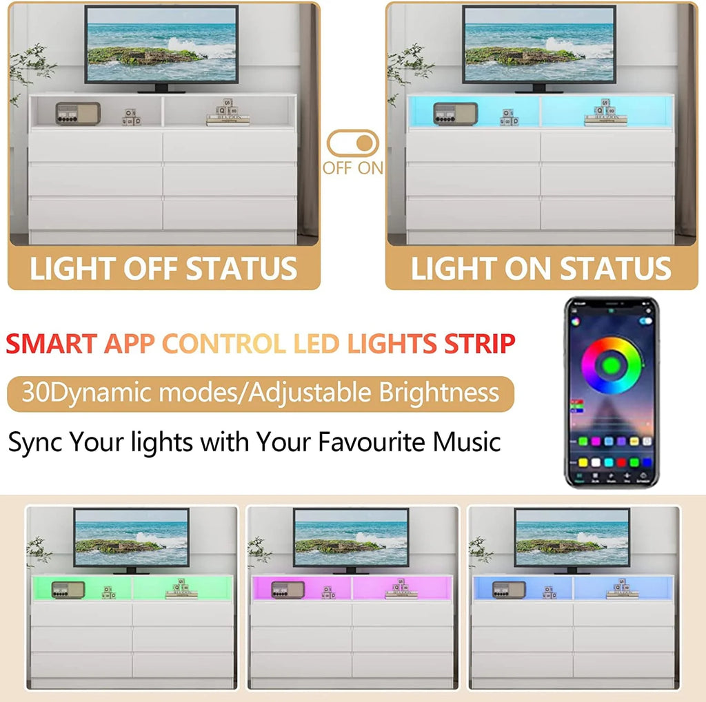 Gyfimoie 6 Drawer Double Dresser with Power Outlet, Accent Chests of Drawers with LED Light