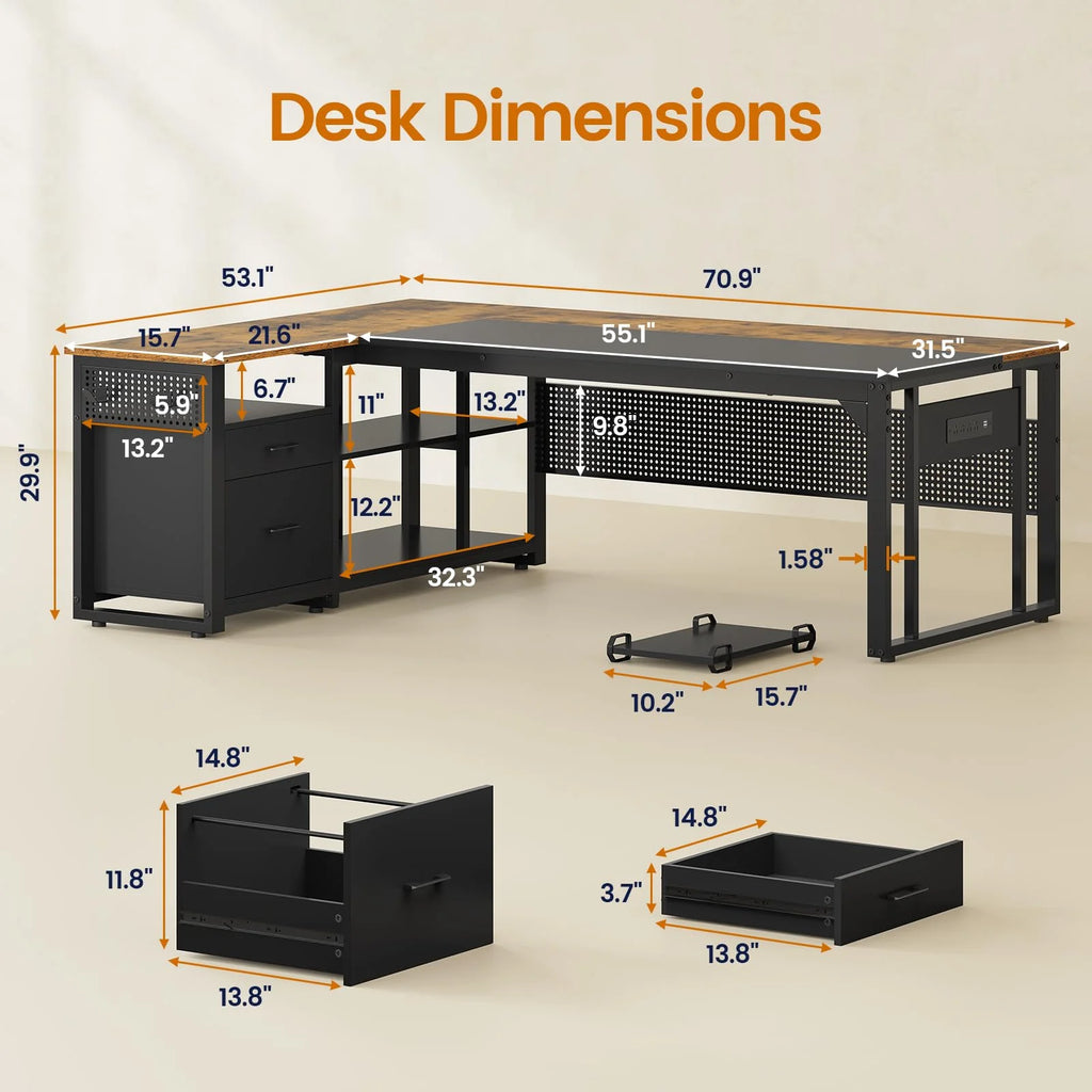 71" Executive Desk with Power Outlets, Modern L Shaped Office Desk with File Drawers and Pegboard, Large Computer Desk, Rustic Brown