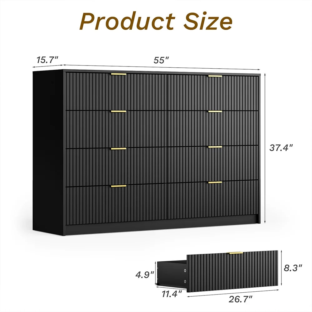 Furniway Black Dresser for Bedroom, 8 Drawer Double Dresser, Modern Chest of Drawers for Bedroom, Living Room, Entryway and Closet, 55" L x 15.7" D x 37.4" H