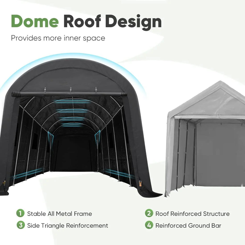 ADVANCE OUTDOOR 10x15 ft Shelter Storage Shed Steel Metal Round Roof Anti-Snow Portable Garage Carport for Motorcycle, Boat, or Garden Tools with 2 Roll up Doors & Vents, Gray
