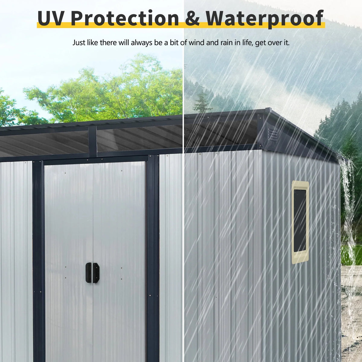 Garden Sheds 8 ft x 6 ft Outdoor Metal Storage Shed with Window and Transparent plate for Garden, Lawn (White and Black),Outdoor Sheds