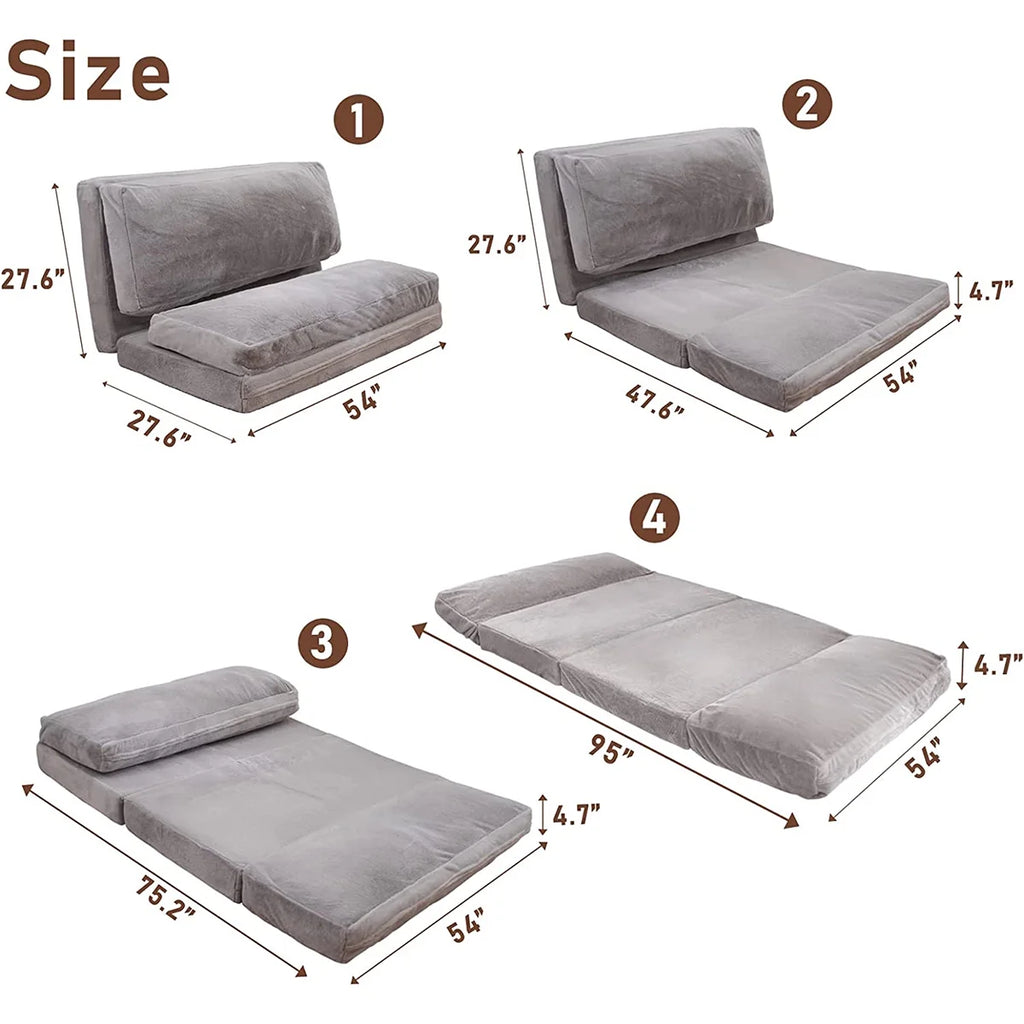 Folding Sofa Bed,Extra Thick and Long Fluffy 4 Position Convertible Flip Lounge Chair,Foam Filling Folding Matress Sofa Bean Bag with Washable Cover,Grey,39x95 Inch