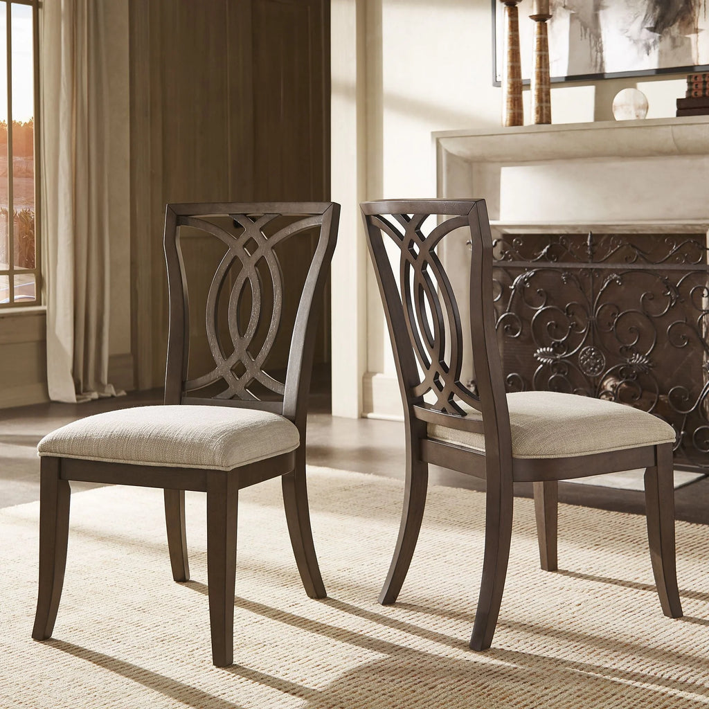 Weston Home Rococo Wood Upholstered Dining Chairs, Set of 2, Beige Fabric, Dark Walnut Finish, Side Chair