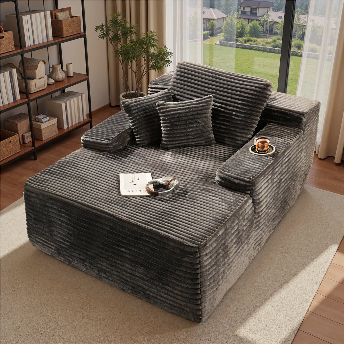 Ovios 67'' Oversized Chaise Lounge Chair Indoor Cloud Plush Corduroy Floor Sofa Bed Deep Seat No Assembly Couch for Living Room, Black