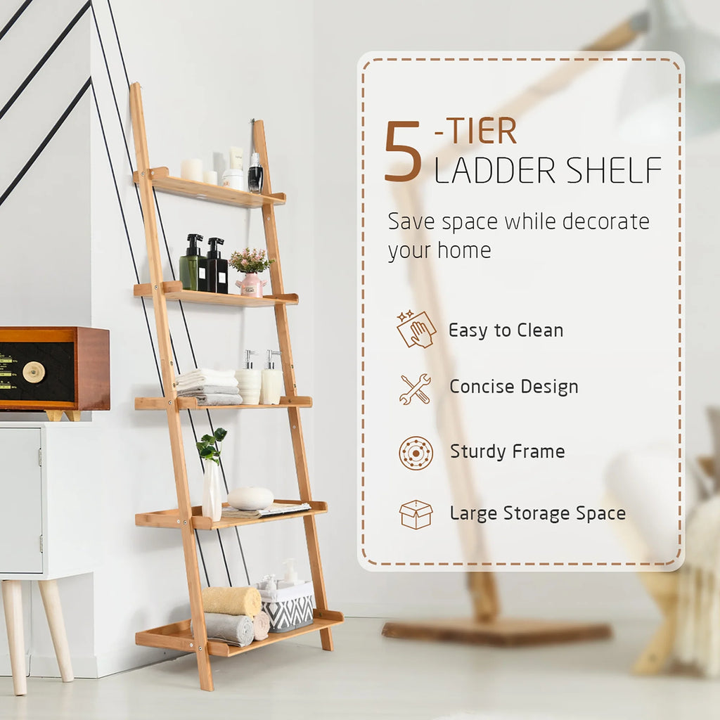 Costway 5-Tier Ladder Shelf Bamboo Bookshelf Wall-Leaning Storage Display Plant Stand