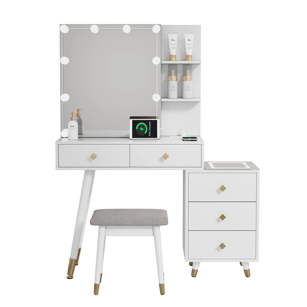 Kadyn Vanity Desk with Lighted Mirror, Vanity Table and Chair Set with 2 Drawers, Dressing Table Makeup Desk with 1 Door, Retro Gray