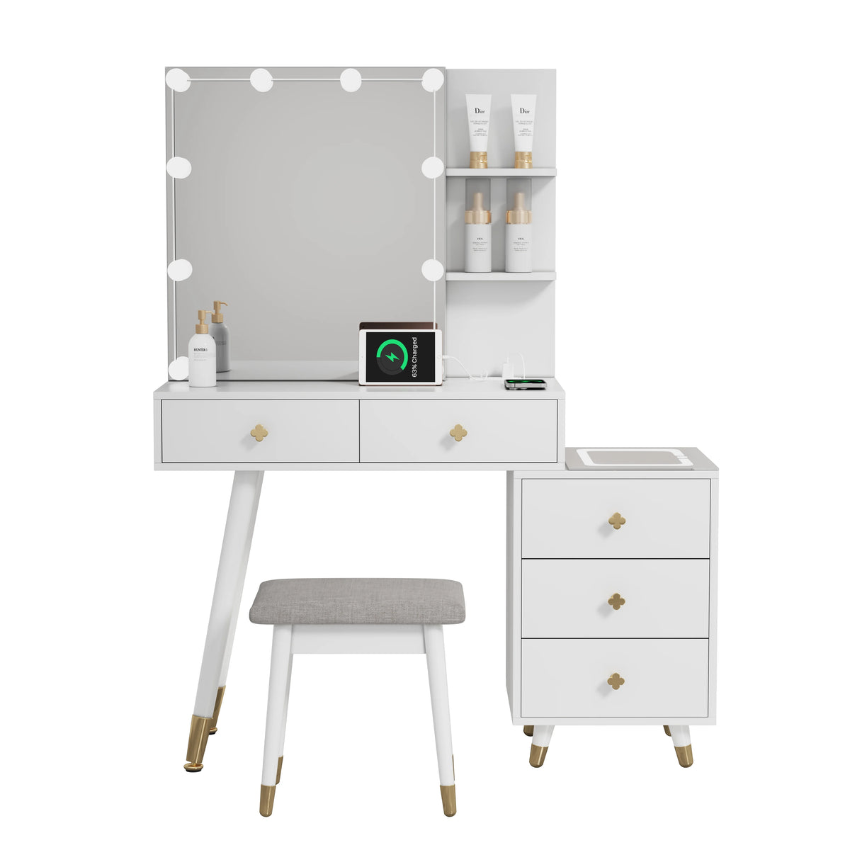 Kadyn Vanity Desk with Lighted Mirror, Vanity Table and Chair Set with 2 Drawers, Dressing Table Makeup Desk with 1 Door, Retro Gray