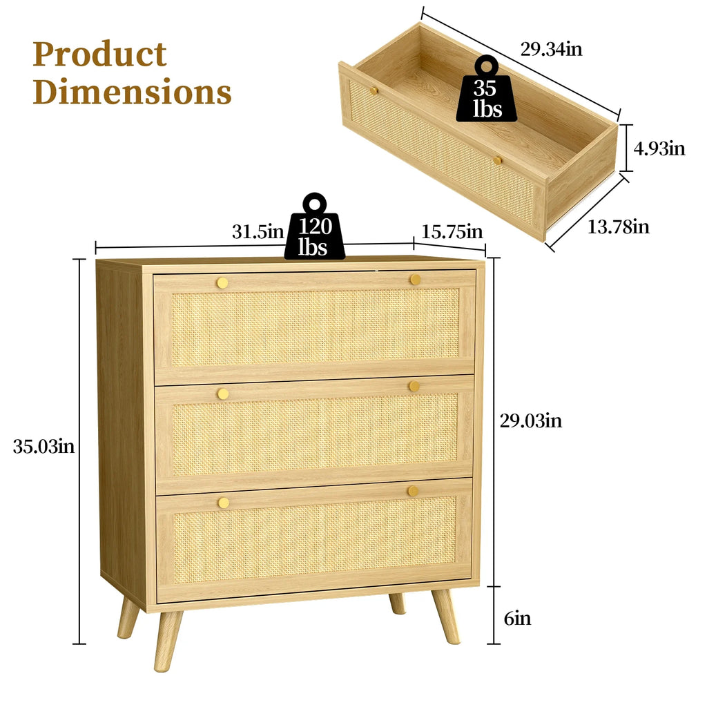 Capri 3 Drawer Dresser, Rattan Storage Wide Chest of Drawers, Night Stand Storage Cabinet for Women, Kids, Baby, Nursery, Girls, Bedroom Living Room Furniture, Natural