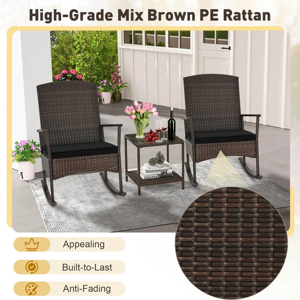 Costway Serenity 3 Piece Patio Rocking Wicker Rockers with White Cushions 2 Tier Coffee Table