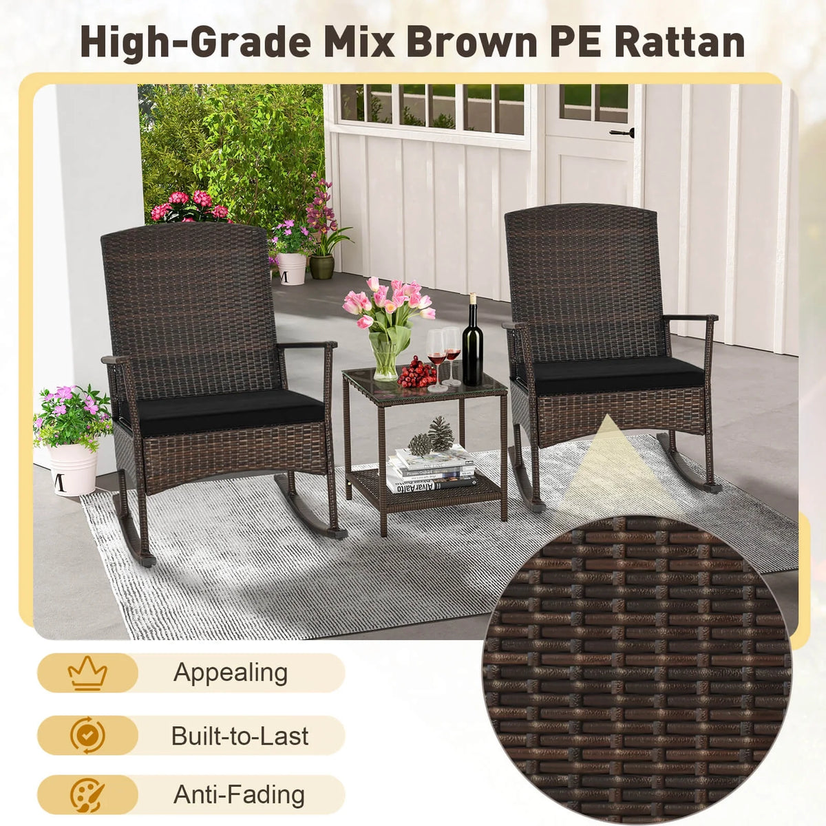 Costway Serenity 3 Piece Patio Rocking Wicker Rockers with White Cushions 2 Tier Coffee Table
