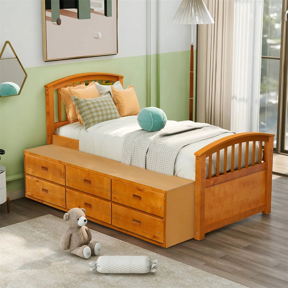 Twin Size Platform Bed with 6 Storage Drawers, Solid Wood Platform Bed Frame with Headboard and Footboard, Heavy Duty Daybed Captain’s Bed for Boys Girls Wood Slats Support, No Box Spring Need, Oak