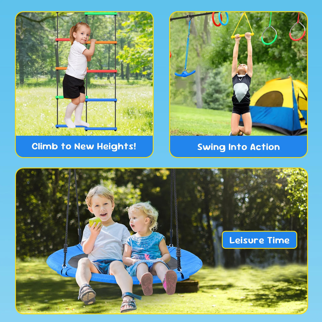 KloKick 65ft Ninja Warrior Obstacle Course for Kids �C Outdoor Backyard Set with Swing, Ninja Rope, 11 Obstacles, Slackline, Jungle Gym for Tree Installation