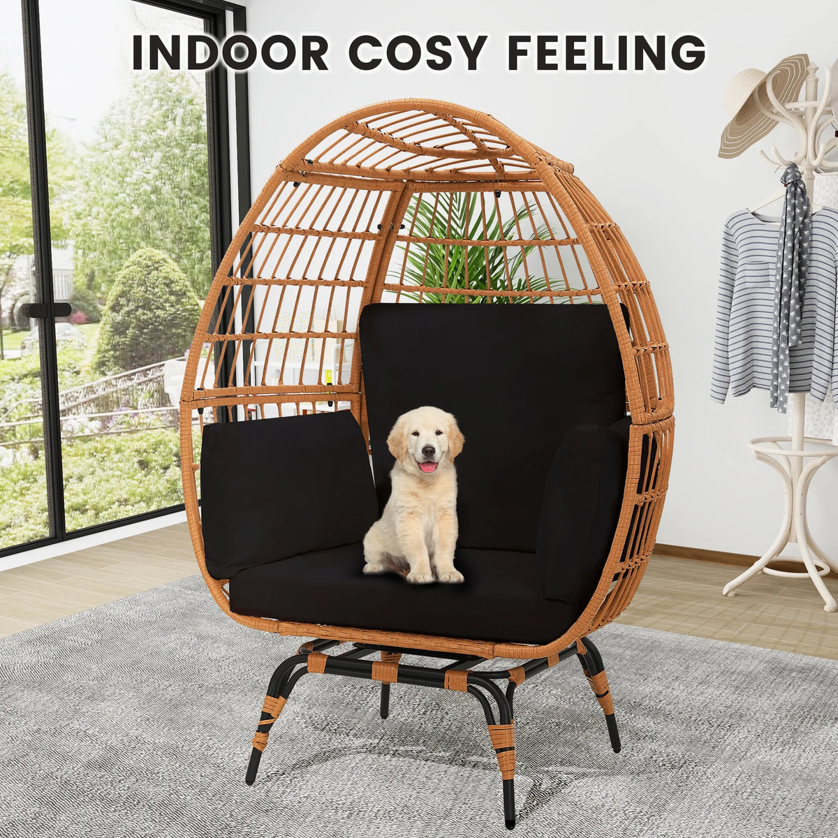 Skandiquip Oversized Rattan Adult Egg Chair, 360 Swivel, Outdoor Patio Chair with overstuffed Cushions, Indoor Large Wicker Egg Chair, Natural Rattan, Beige Cushion