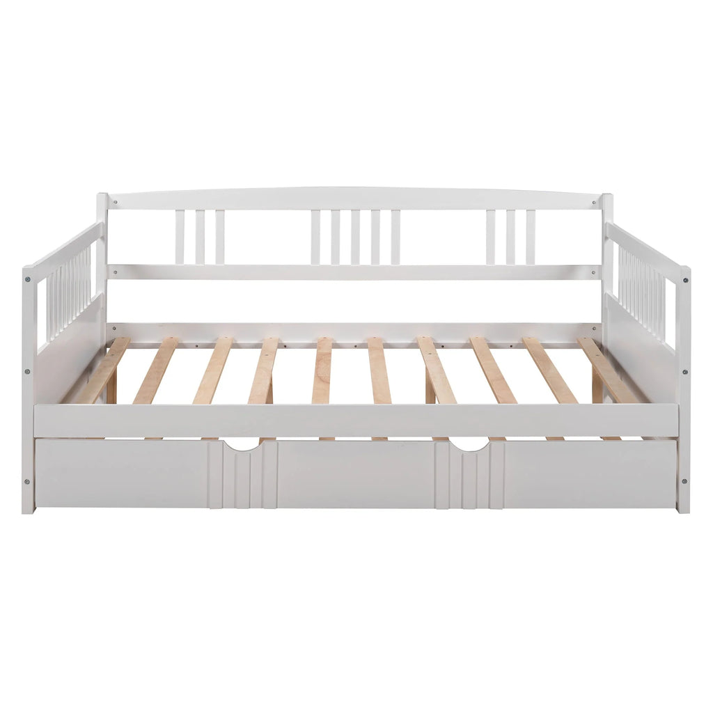 Daybed with Trundle Included, Full Size Daybed Bed Frame with Headboard and Footboard, Living Room Sofa Bed with Pull Out Bed, Wood Single Bed for Kids Boys Girls, No Box Spring Needed, White, J948